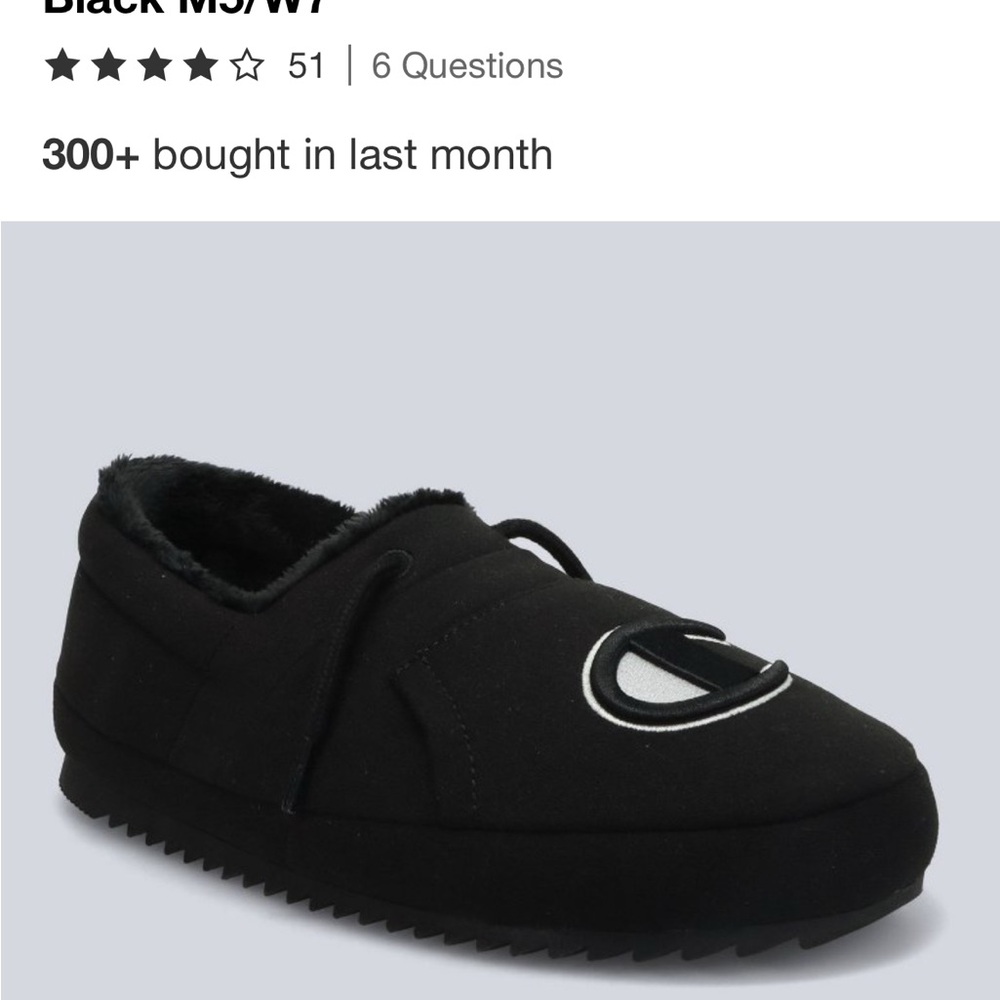 Champion Black Slip-On Fleece Lined Slippers with Embroidered C